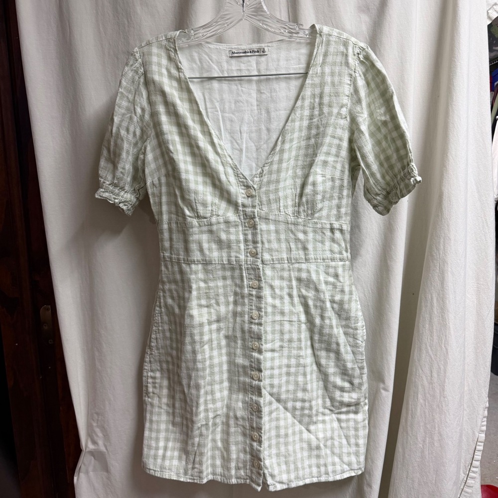 Abercrombie & Fitch Sage Green Gingham Button Front Mini Dress Short Sleeve S